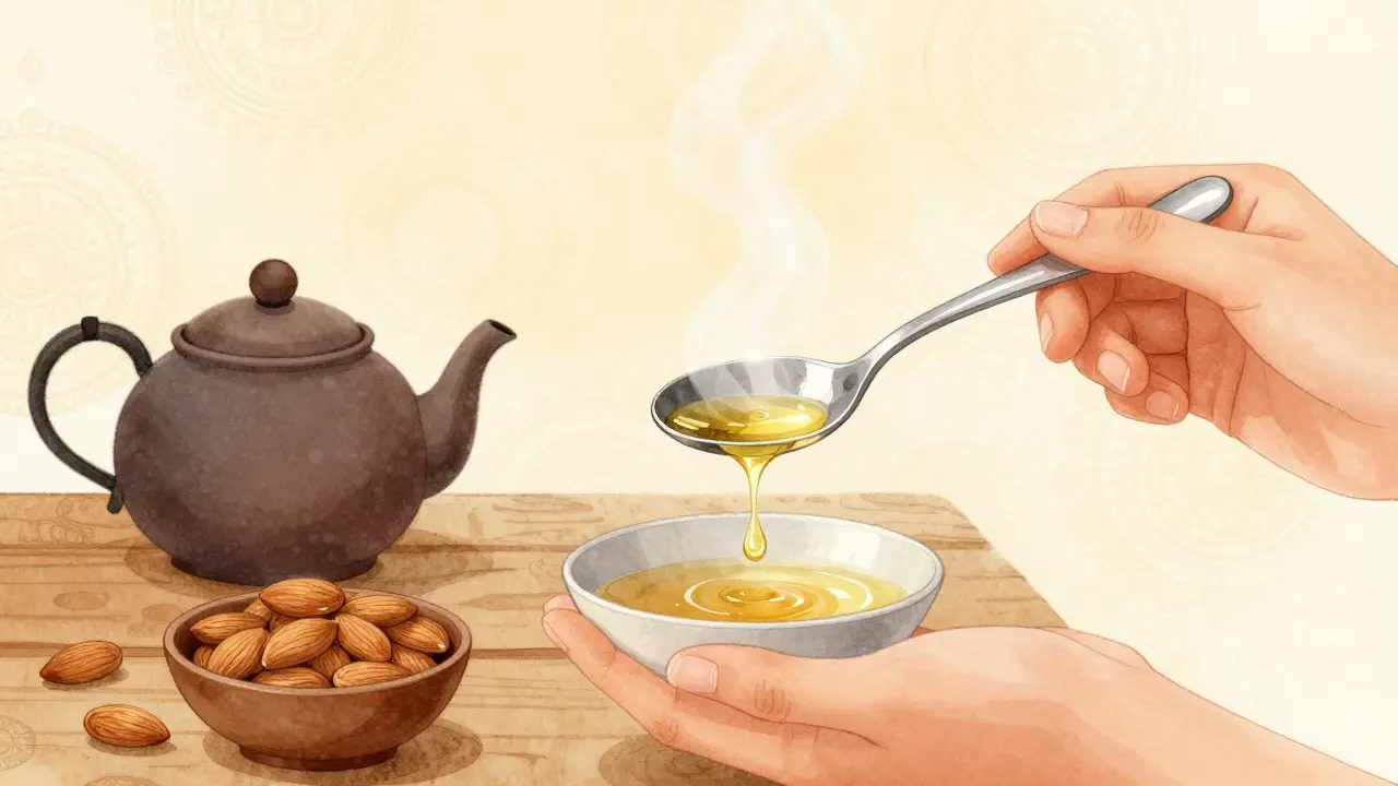 Ruka drží lžíci kokosového oleje, který se míchá v ústech při olejovém vyplachování, jemné světlo osvětluje kuchyňský prostor.