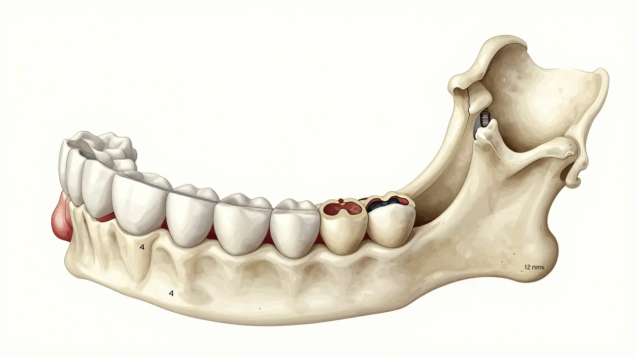 Side-by-side comparison of healthy jawbone versus bone loss after 12 months without implant.