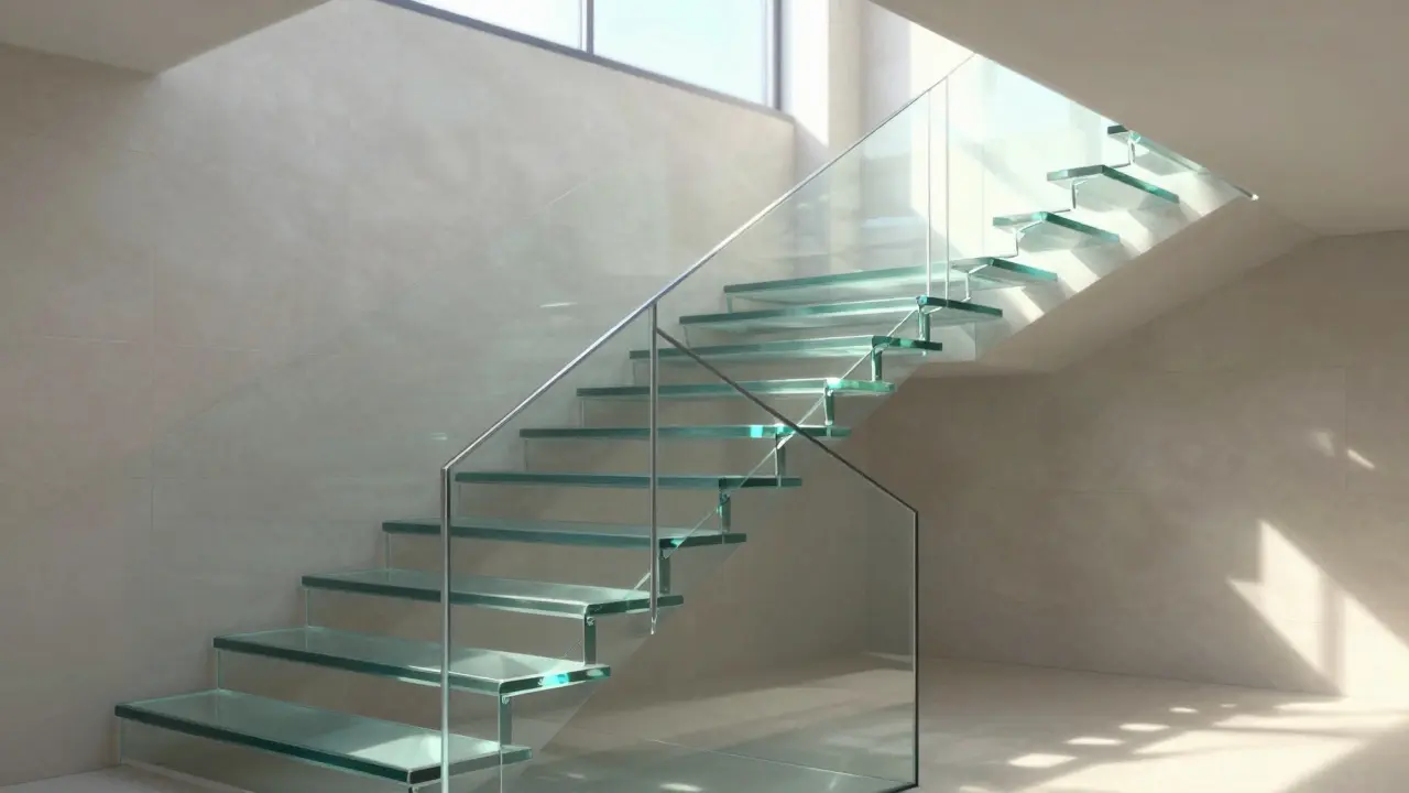 Skleněné schodiště s fazetovanými stupni v moderní architektuře