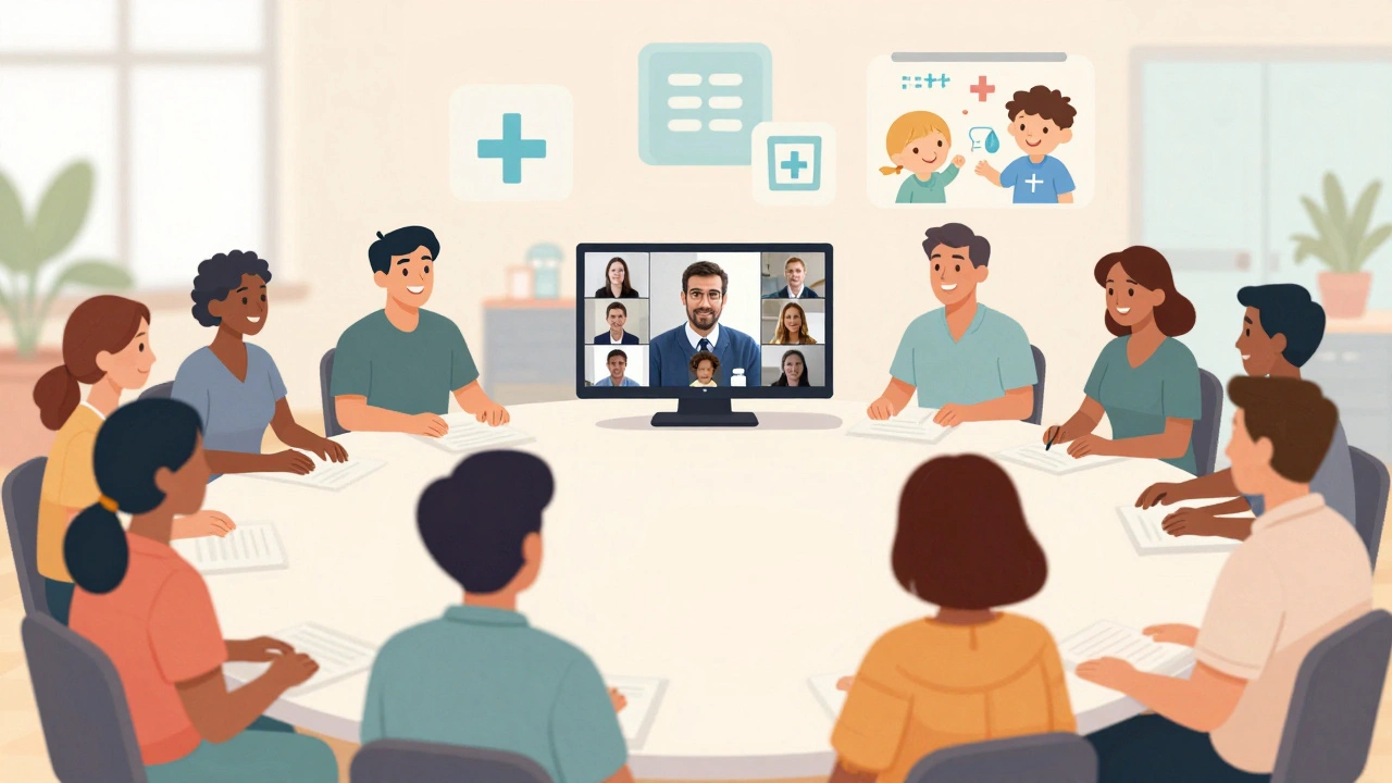 Skupina rodičů v online komunitě sdílí zkušenosti s podporou po maxilofaciální operaci.