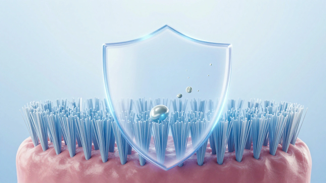 Symbolický obrázek jemného štítu z vláken, který odstraňuje plak bez poškození dásní.
