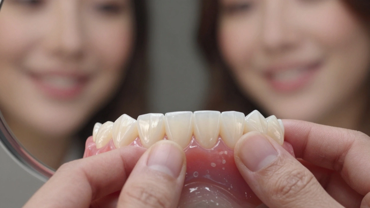 Translucent ceramic veneers on front teeth with natural light passing through