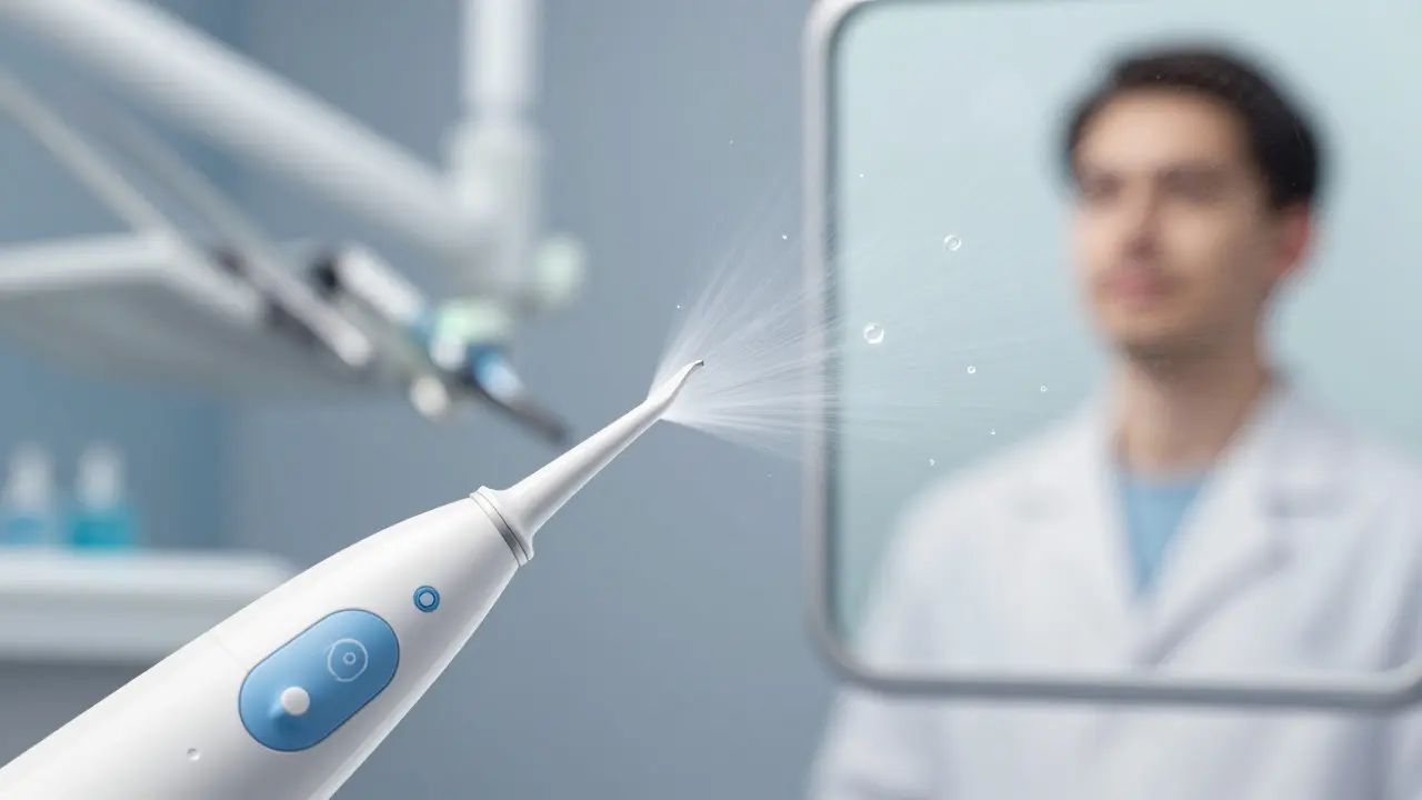 Vodní proud čistí zuby s rovnátky a implantáty.