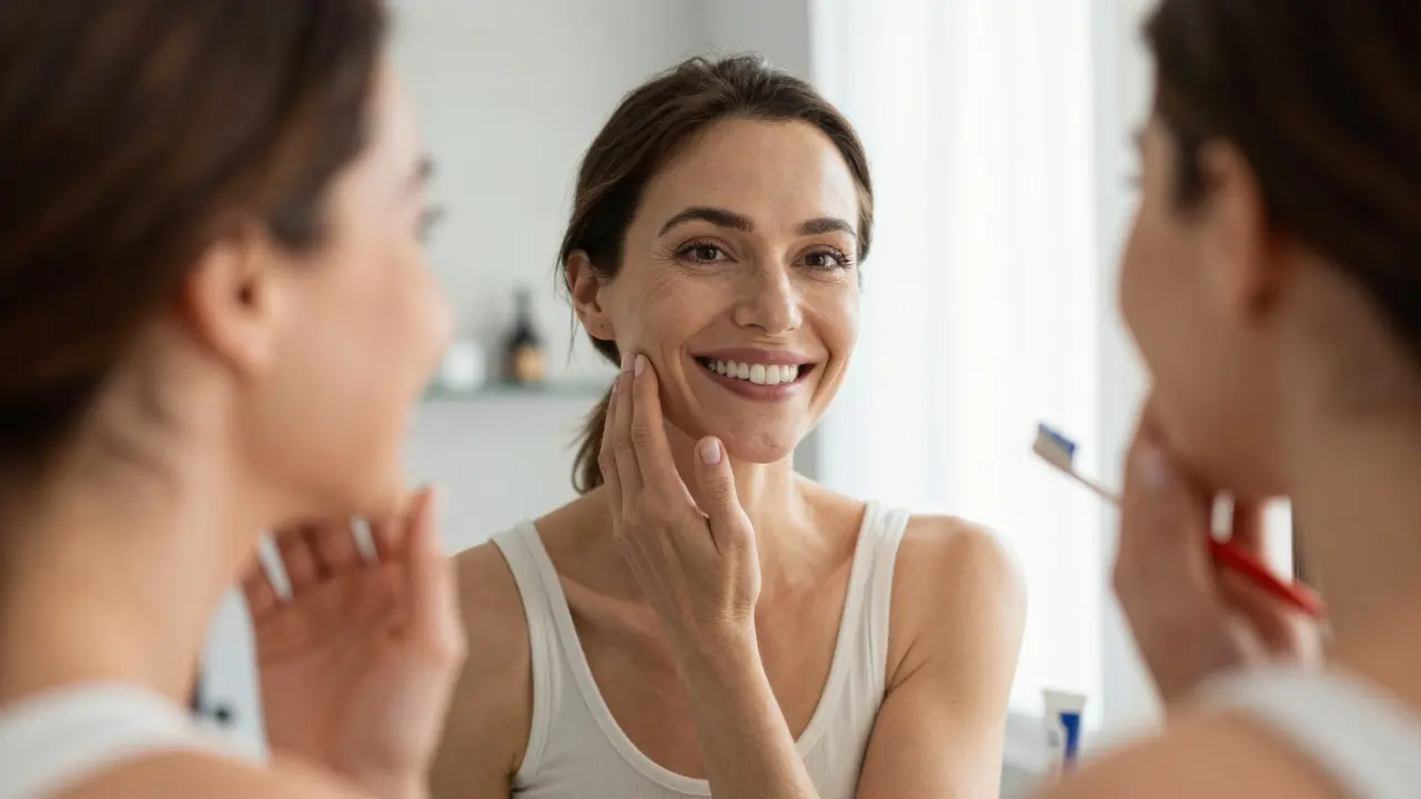 Žena se smíchem, která ukazuje přirozeně vypadající keramické vložky na zubech