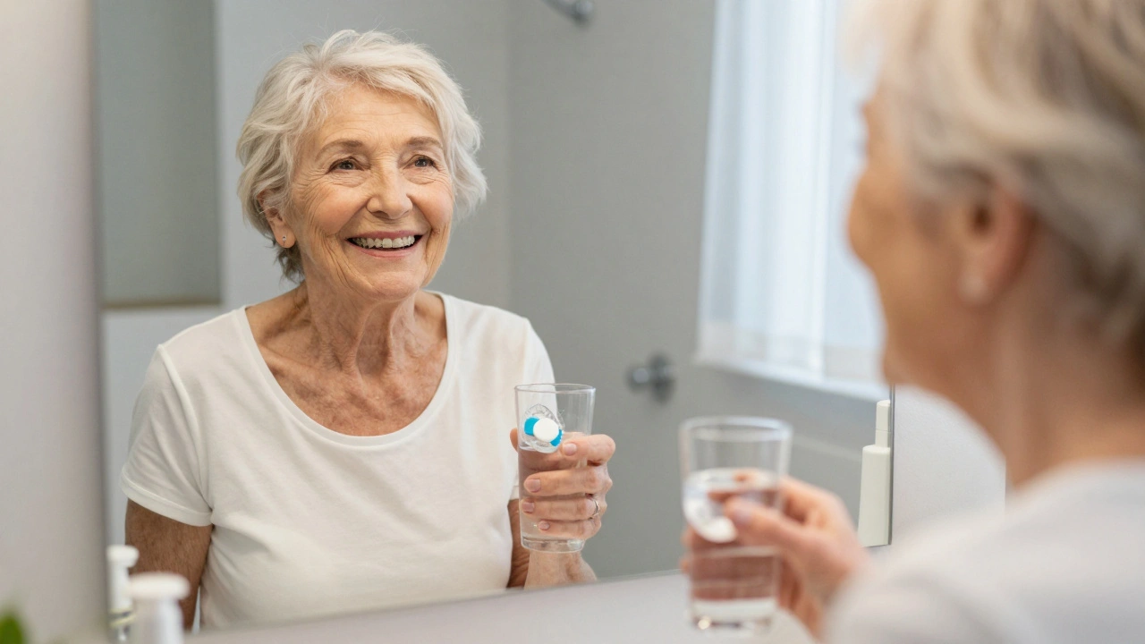 Žena se usmívá do zrcadla s dobře sedící zubní protézou.
