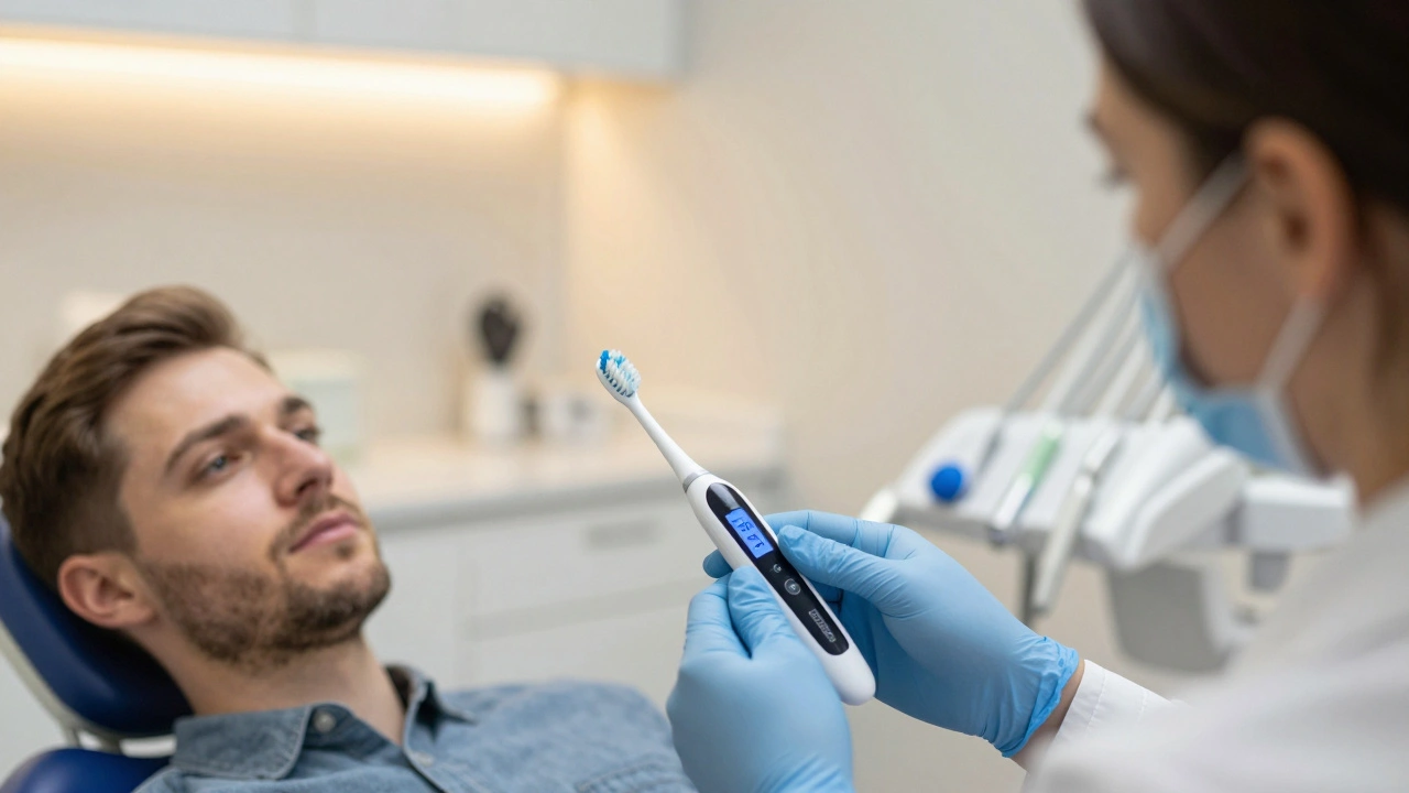 Zubní lékař v ordinaci v Praze ukazuje pacientovi kartáček Curaprox.