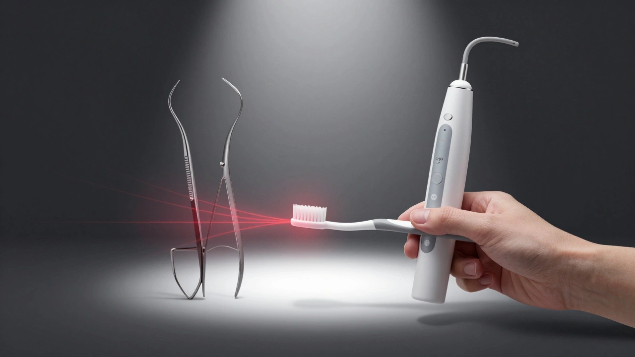 Zubní nástroje vedle kartáčku, symbolizující profesionální léčbu proti skrytému zubnímu kameni.