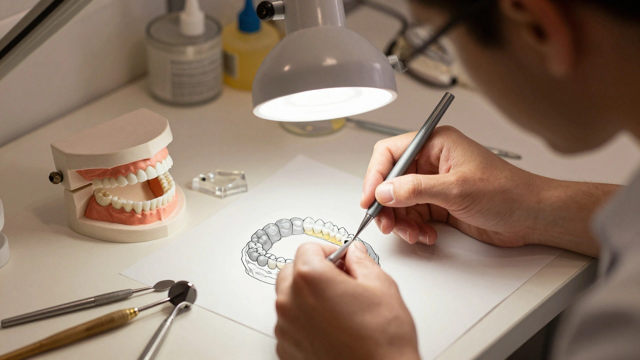 Zubní technik v laboratoři vyrábí zubní protézu s keramickými zuby.