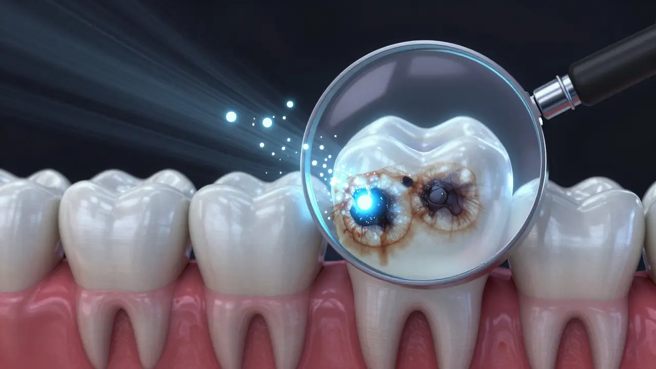 Zvětšený řez zubem s molekulami peroxidu rozkládajícími pigmenty.