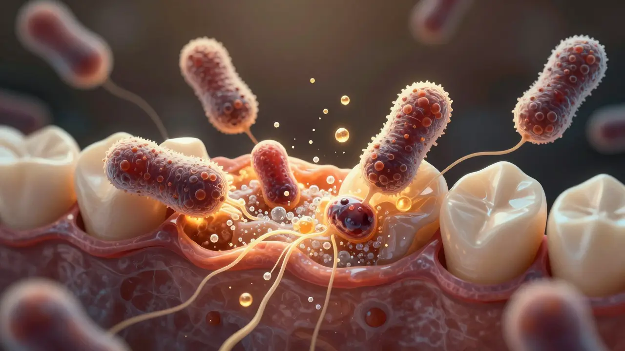 Bakterie v plaku rozkládají cukr na kyselinu, která ničí sklovinu.