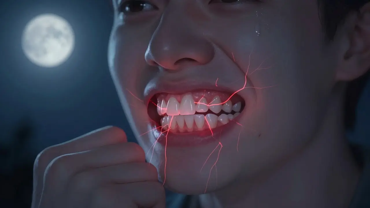 Člověk se skřípajícími zuby v noci s viditelnými prasklinami na předních zubech