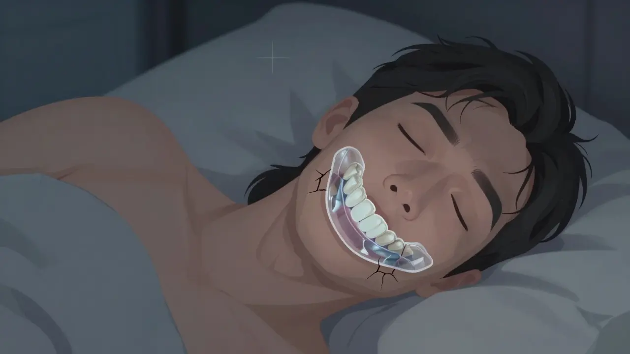 Člověk spí s výrobním zubním štítem, chránícím zuby před bruxismem.