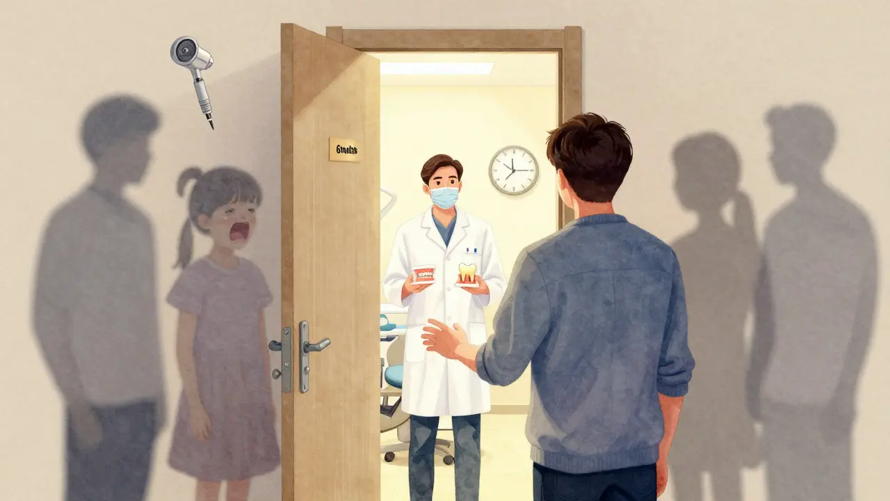 Člověk stojí u dveří zubní ordinace, z jedné strany stíny strachu, z druhé teplé světlo a naděje.