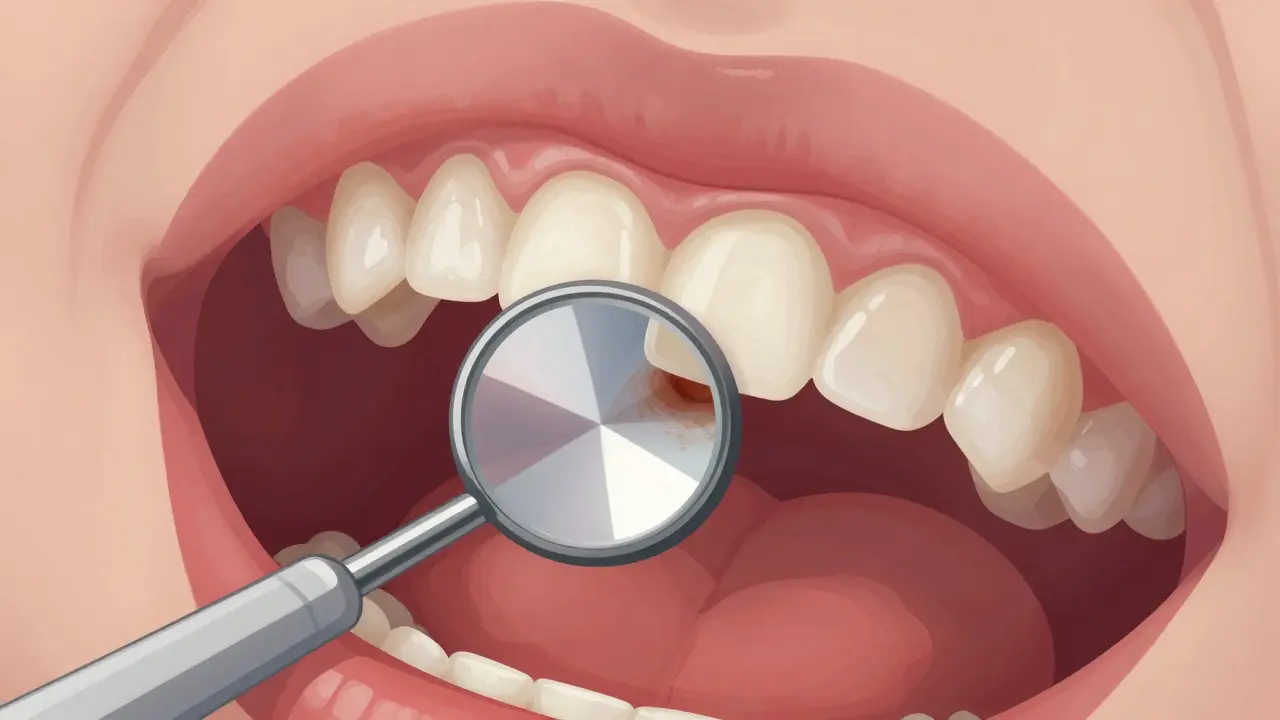 Detailní pohled do úst s viditelným plakem, zánětem dásní a skvrnou na zubu.
