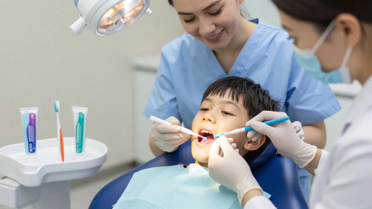 Dítě dostává sealant na trvalý zub během preventivní návštěvy u stomatologa.