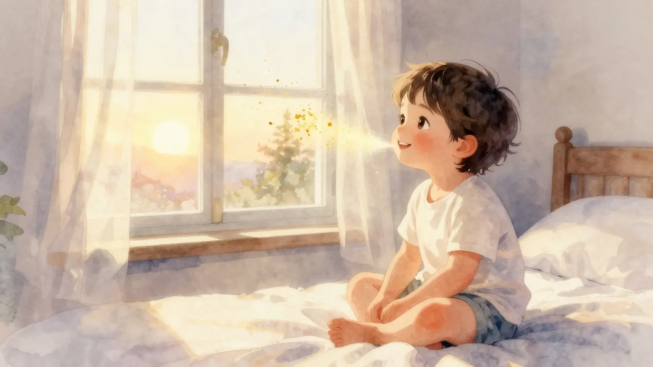 Dítě se usmívá, když mu jeho mléčné zuby mizí v zlatém prachu při východu slunce.