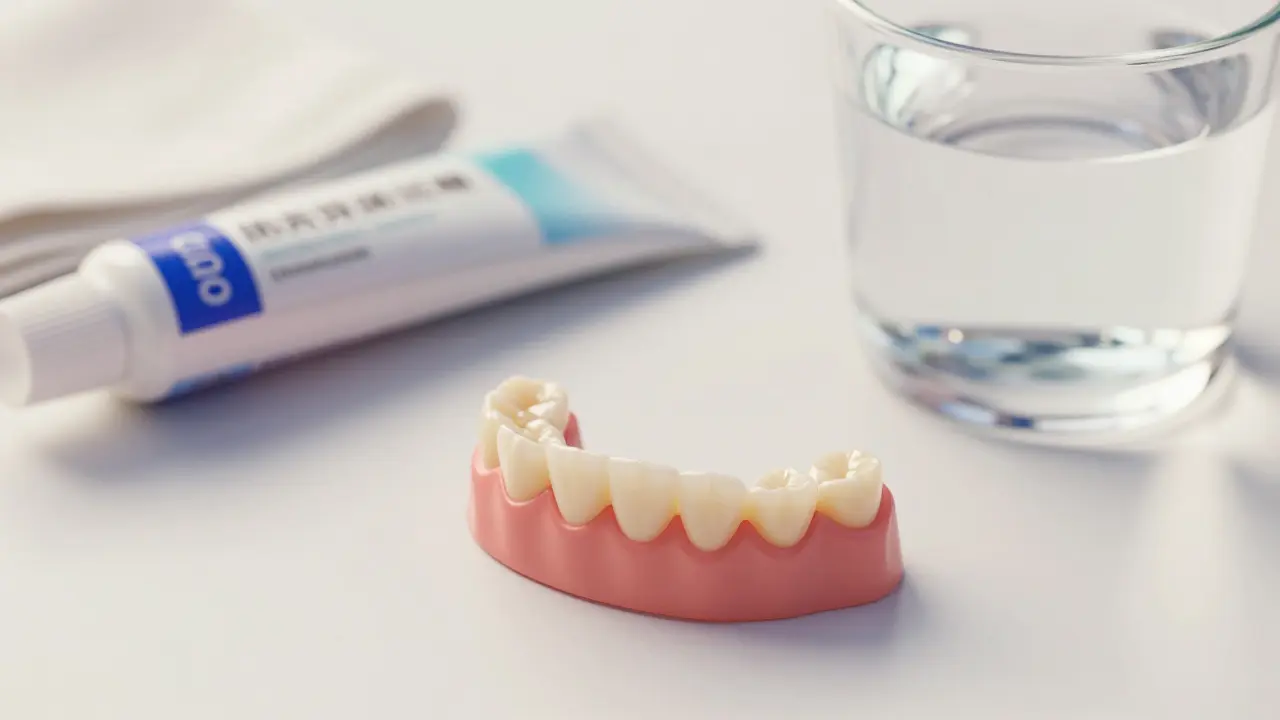 Dočasné zuby, lepidlo a čistící hadřík na bílém povrchu.