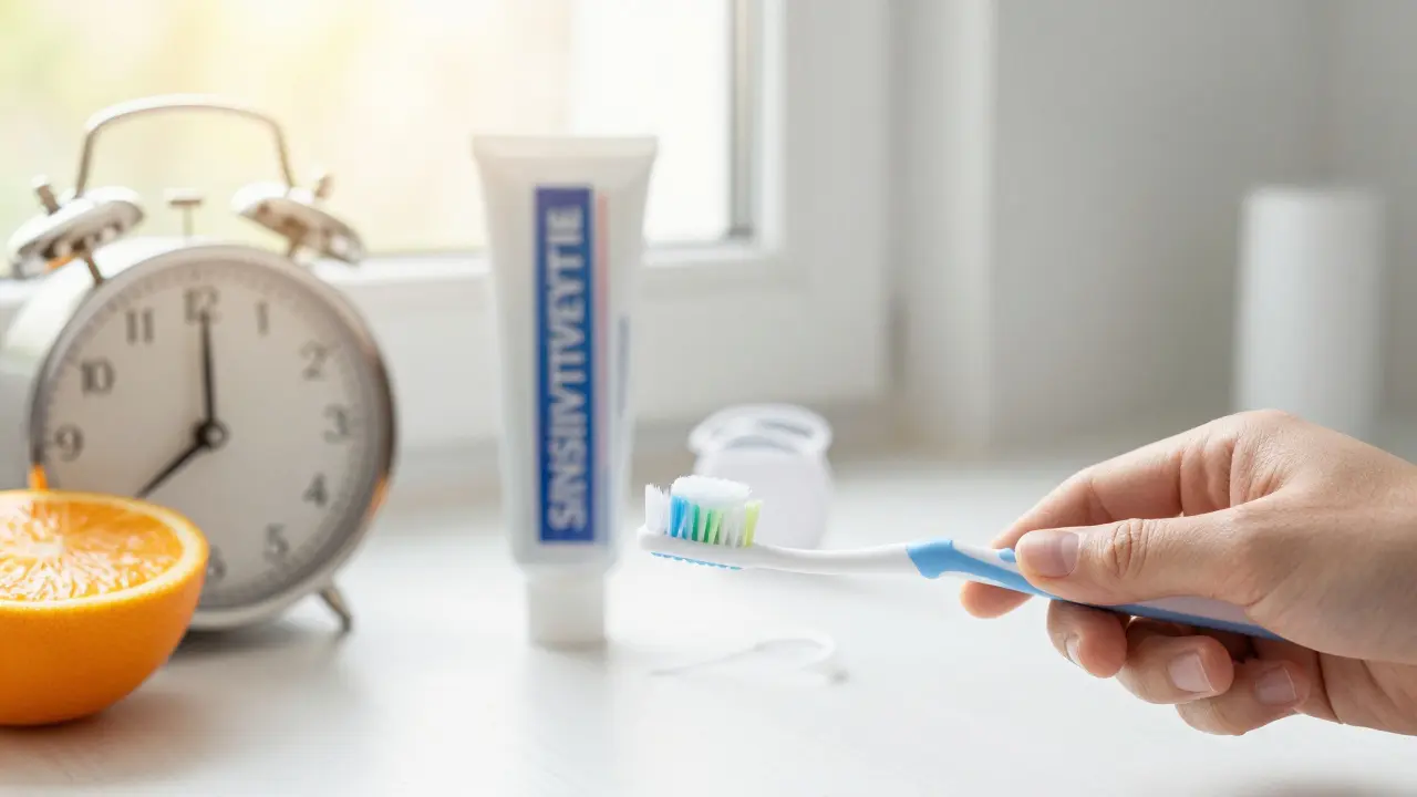 Jemné čištění zubů kruhovými pohyby jemným kartáčkem s pastou pro citlivé zuby.