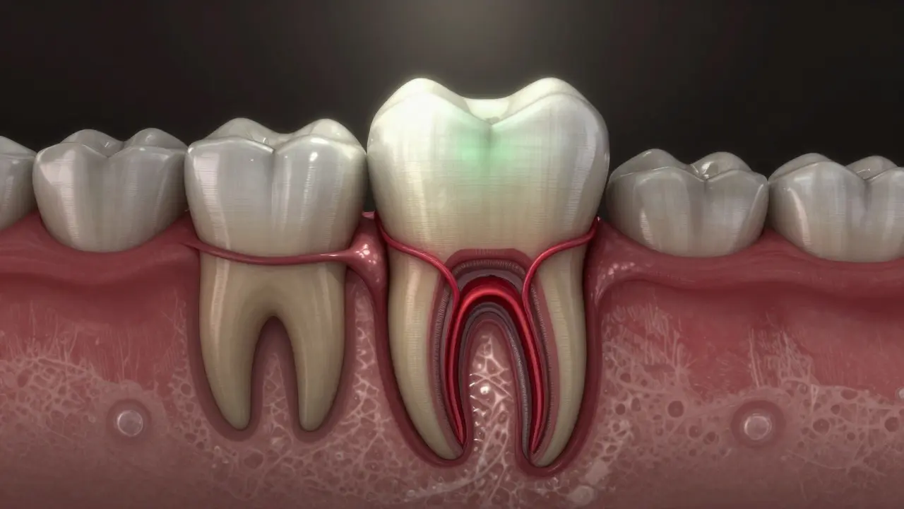 Kaz postupuje od skloviny k nervu zubu.