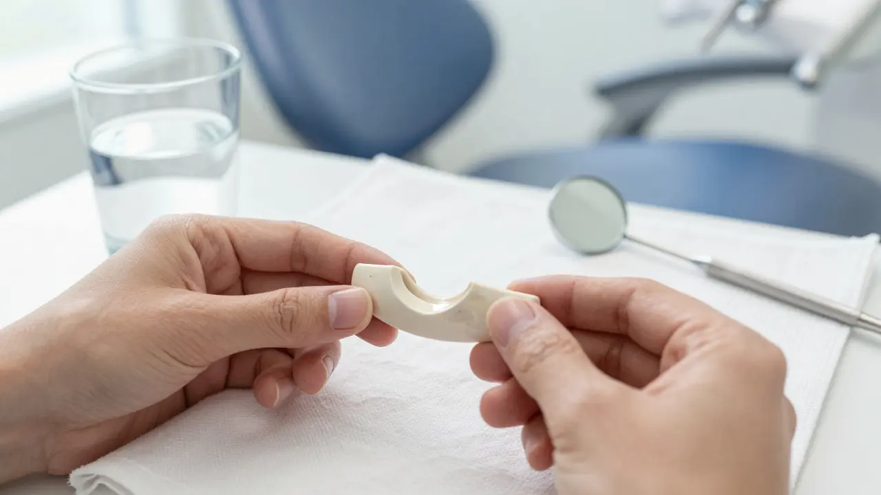 Keramická fazeta je opatrně držena v ruce vedle sklenice vody a zubního zrcátka.