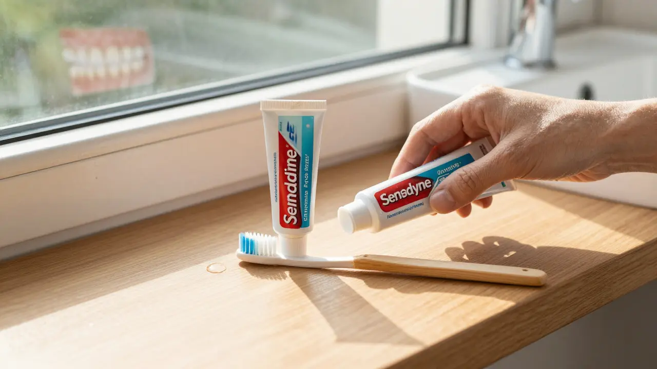 Měkký kartáček, mezizubní kartáček a pasta pro citlivé zuby na dřevěném okenním parapetu.