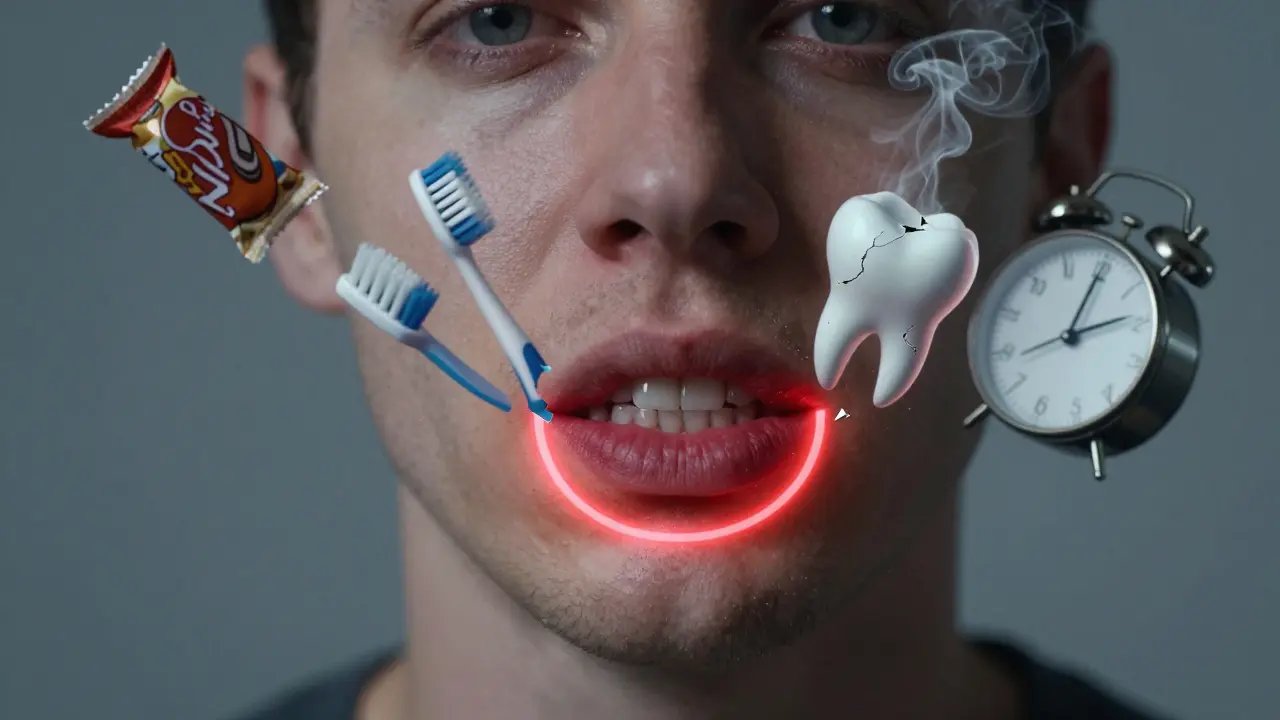 Obličej s červeným prstenem kolem předních zubů a symbolickými obrázky příčin bolesti