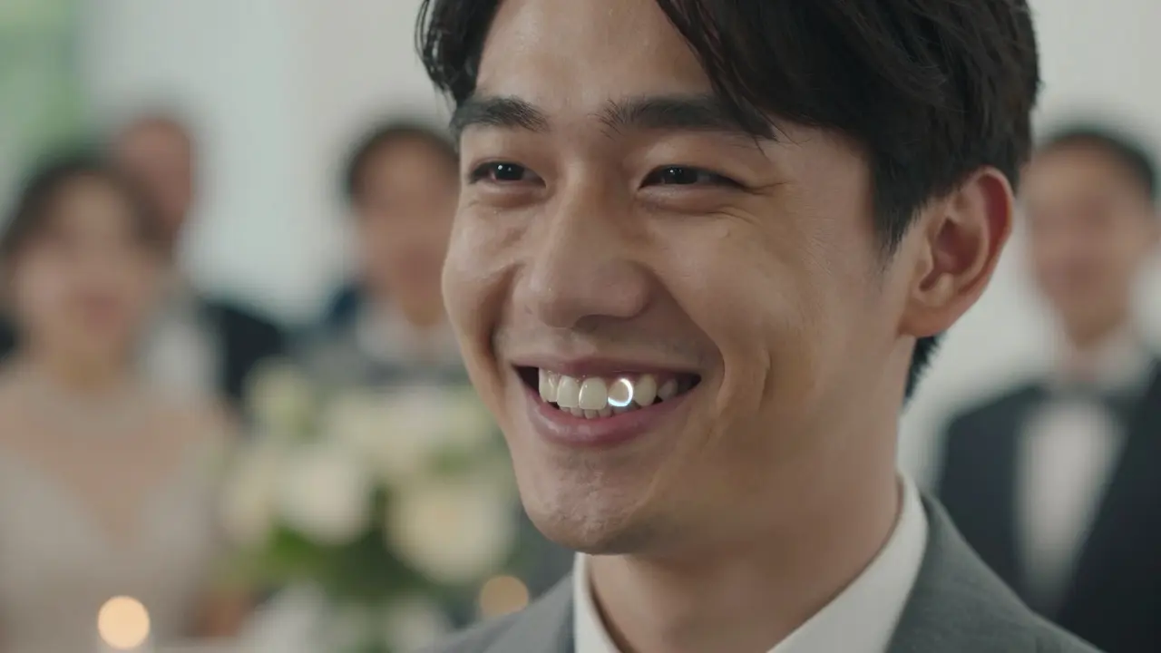 Osoba se šťastně usmívá na svatbě s dočasným zubem.