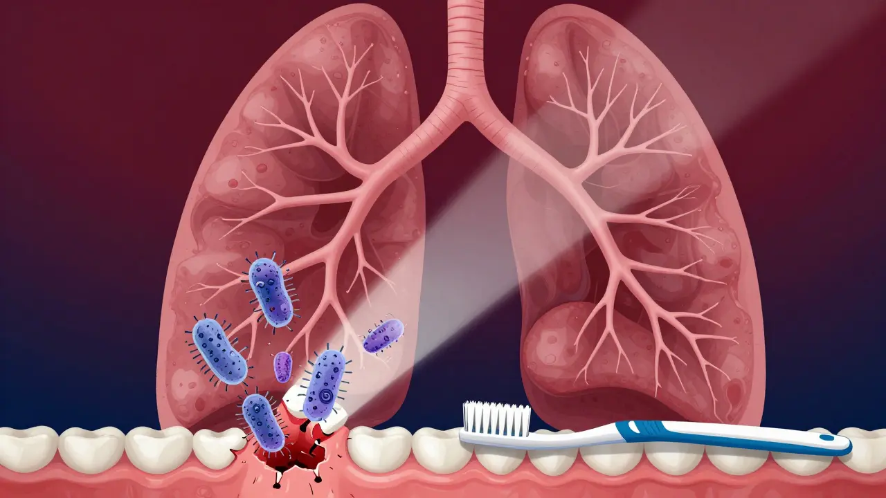 Plicní tkáň s bakteriemi migrujícími z infikovaného zubu a dásně do průdušek.