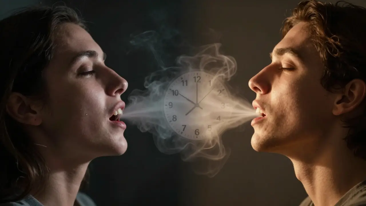 Porovnání: zablokovaná dýchací cesta vs. otevřená dýchací cesta po implantaci zubů.