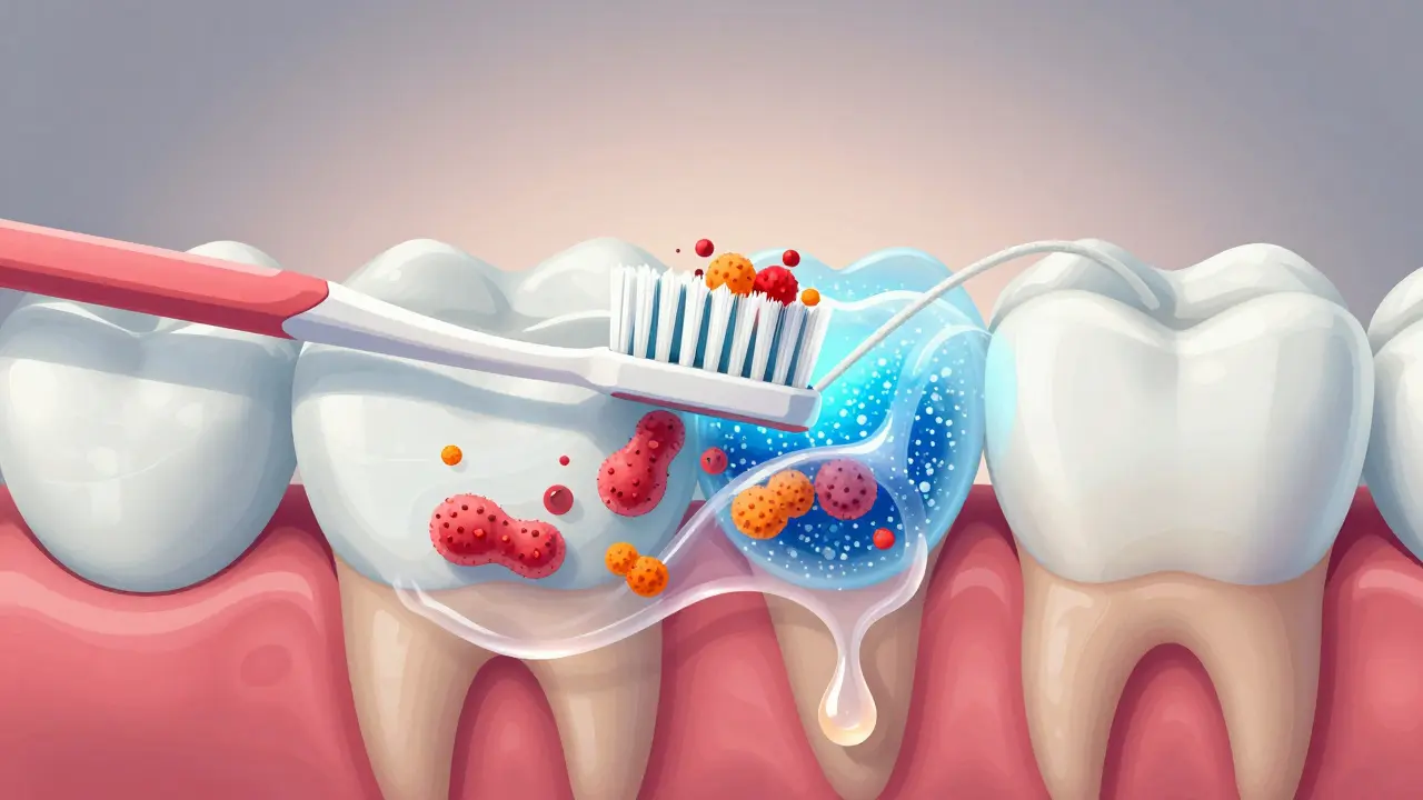 Přehled zubního plaku a fluorapatitu na sklovinkách zubů s odstraňováním bakterií kartáčkem a nití.