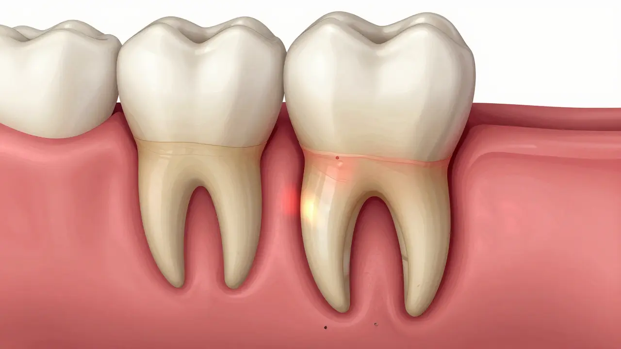 Příčný řez čelistí s ovlivněnou osmicí tlačící na sousední zub.
