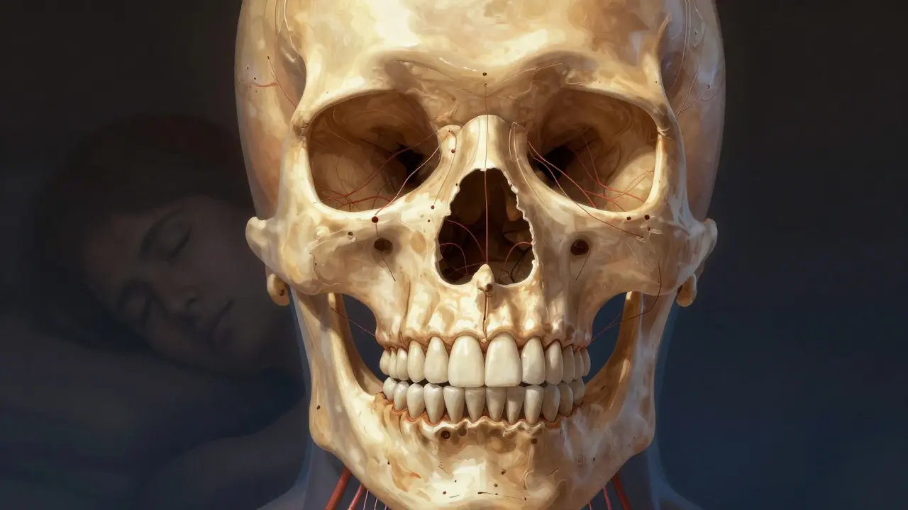 Průřez lebky ukazující propojení předních zubů s nosními dutinami a tlakem během spánku.