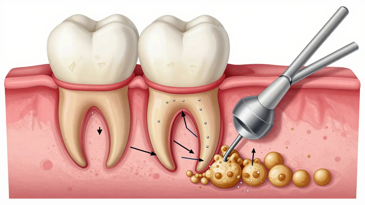 Průřez zubního kořene s kalkulí a bakteriálním plakem pod dásní.