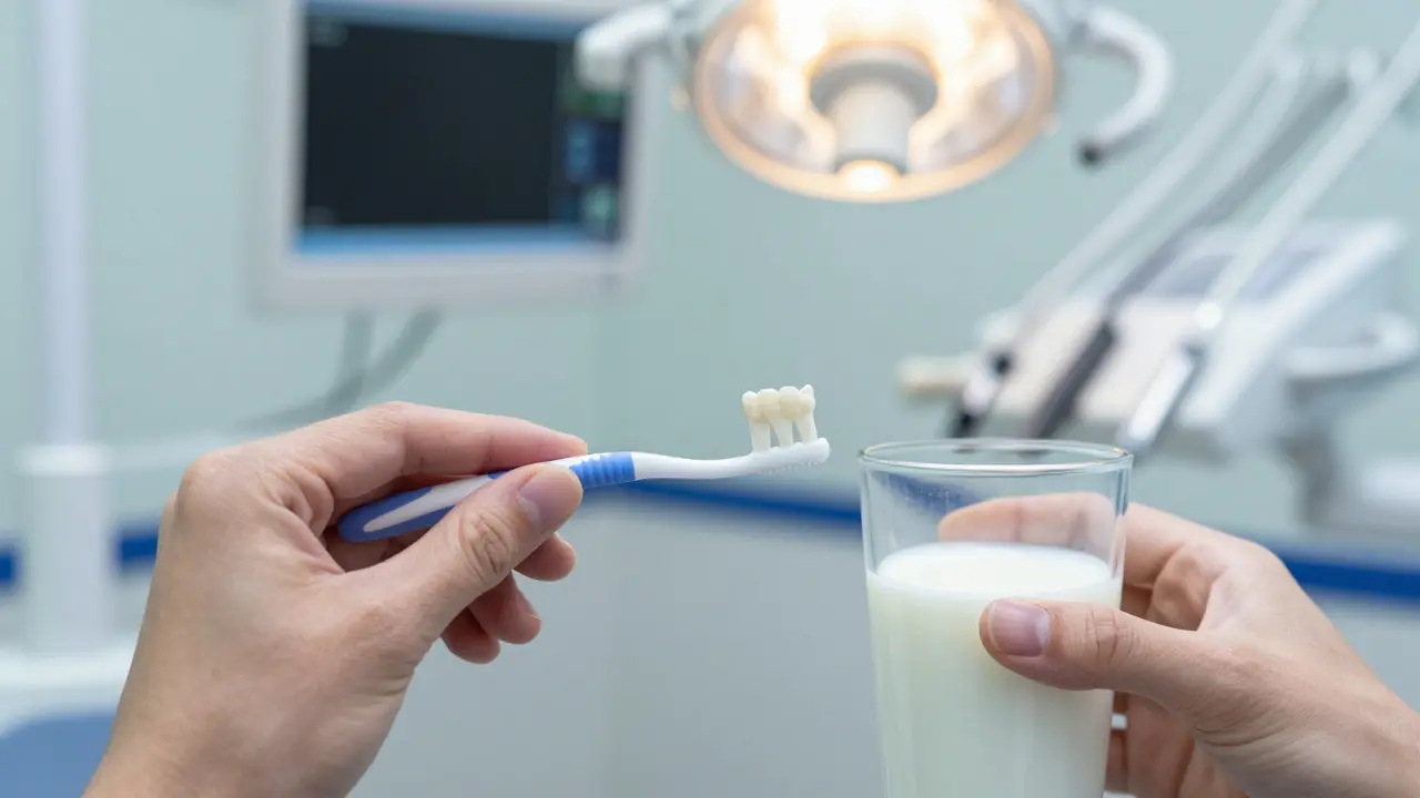 Ruce čistí mezizubní prostory měkkým kartáčkem při keramických fazetách.