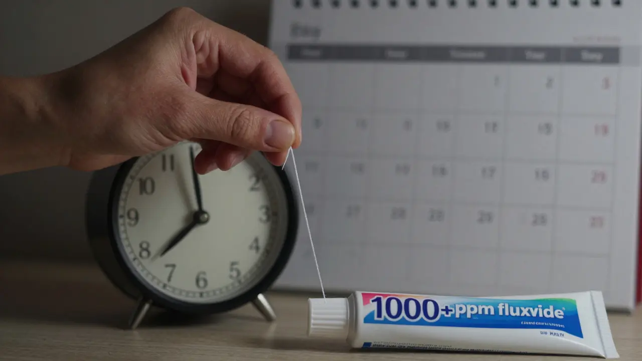 Ruka používá zubní nit mezi zuby, s příznaky zánětu dásní a fluoridovou pastou na pozadí.