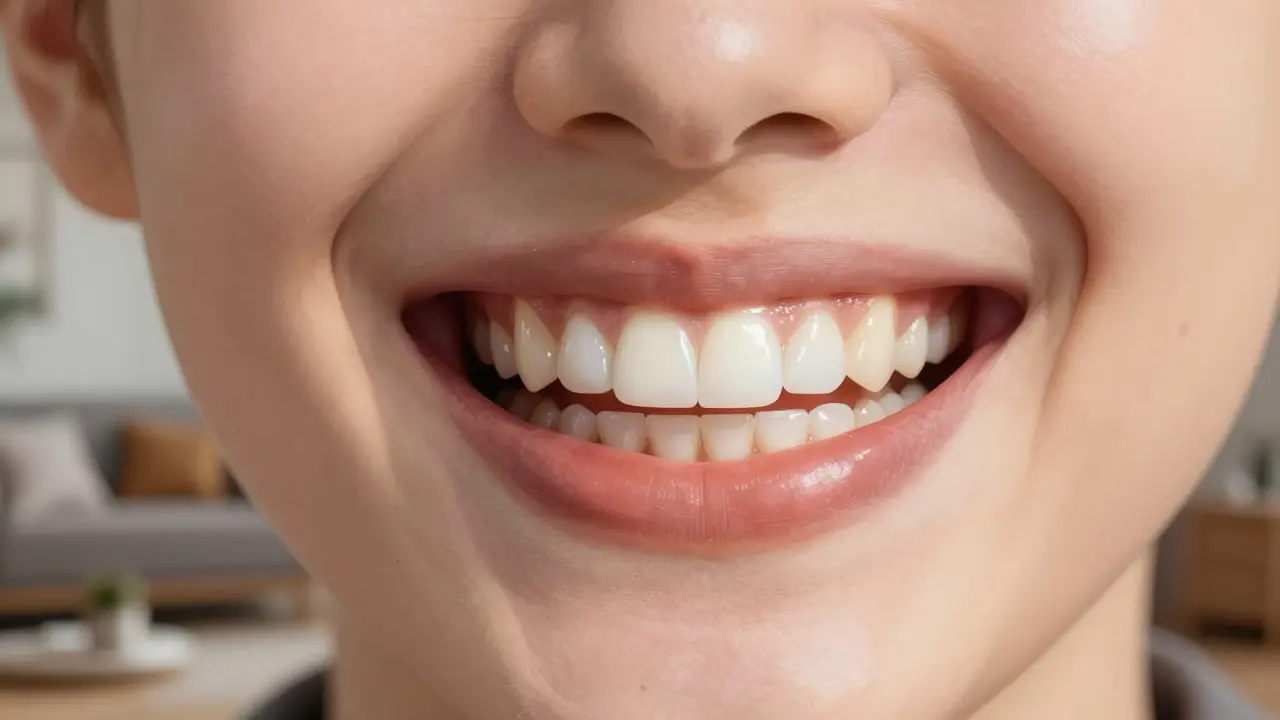 Side-by-side comparison of a smile before and after porcelain veneers.