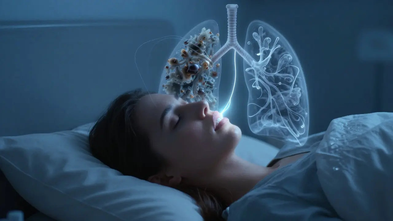 Spící člověk s čistými dýchacími cestami, symbolizovanými světlými proudy od úst k plicím.