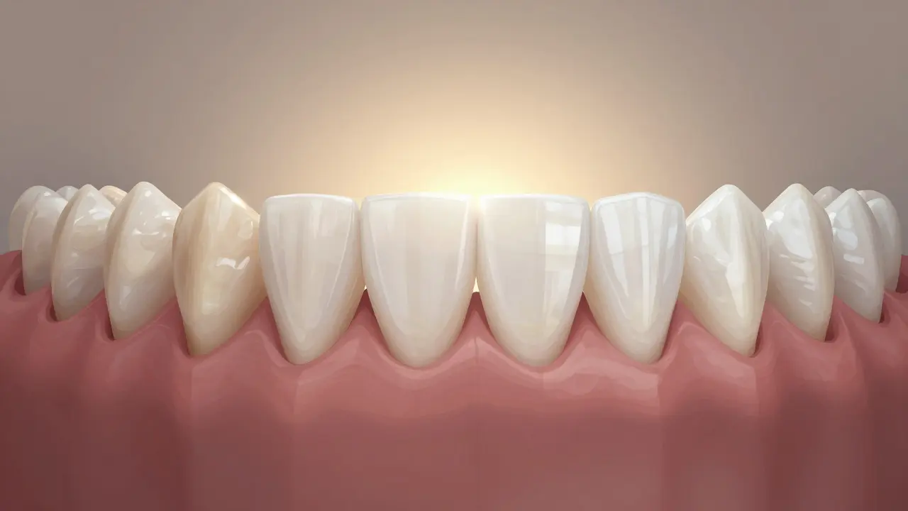 Srovnání původních a upravených zubů: zuby s fazetami vypadají přirozeně, jen mnohem světlejší a dokonalejší.