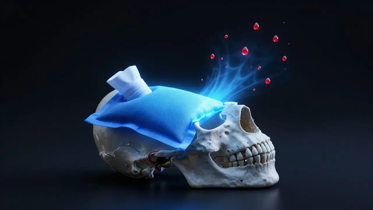 Symbolický obraz chladu snižujícího zánět v čelisti.