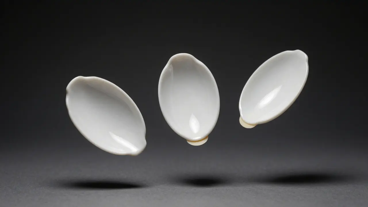 Three porcelain veneers floating with natural enamel details under focused light.