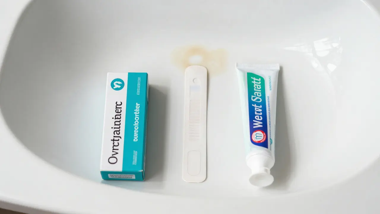 Tři typy bělících produktů na stole: nápravy, proužky a pasta.