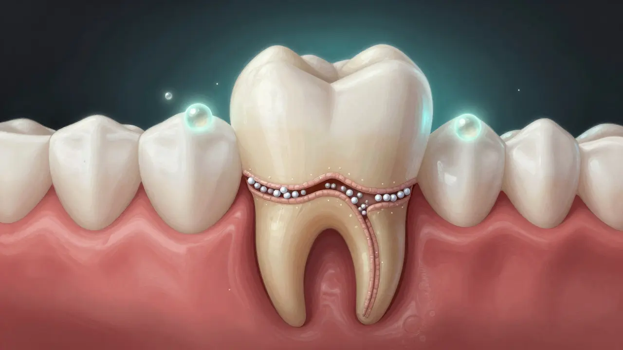 Ukázka odhaleného kořene zubu s mikroskopickými částicemi, které ho opravují a uzavírají.