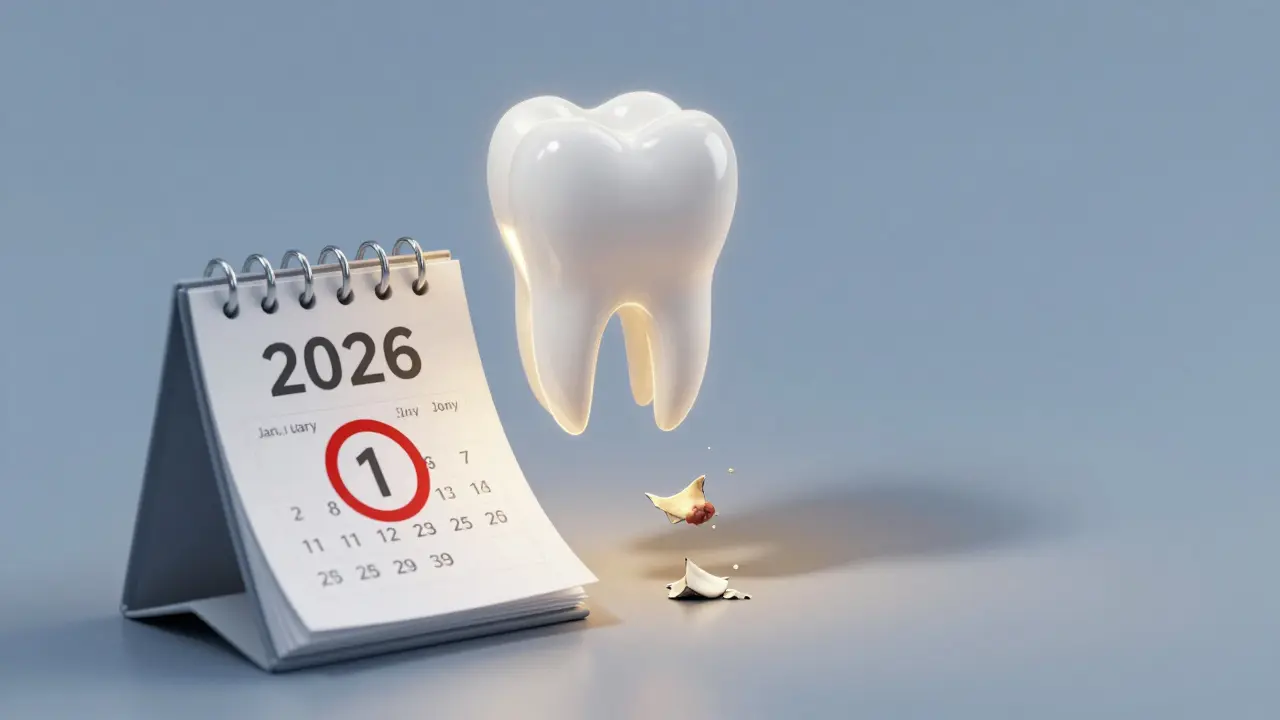 Zdravý zub s fluoridovou vrstvou nad kalendářem 2026, proti zničenému zubu v stínu.