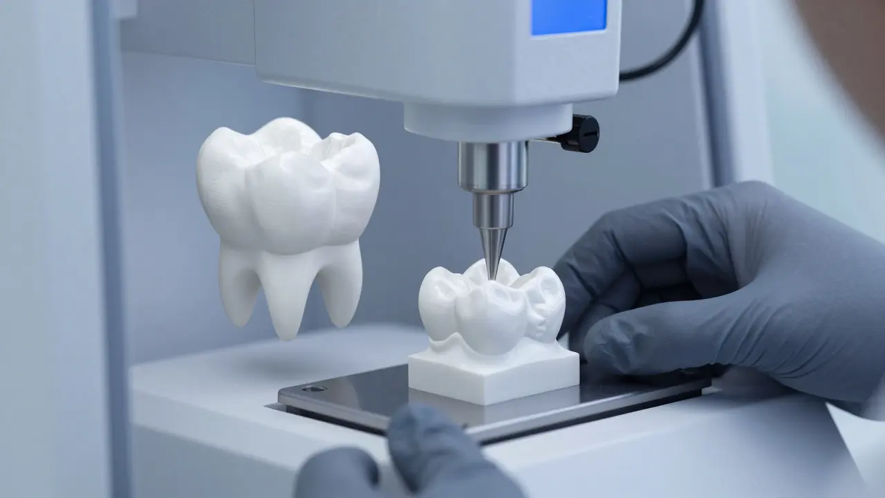 Zirkonová korunka během výroby v digitální zubní laboratoři, stroj obrábí materiál podle 3D modelu.