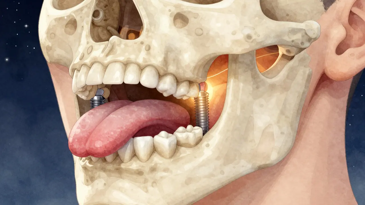 Zubní implantáty udržují čelist v přirozené poloze a udržují dýchací cesty otevřené.