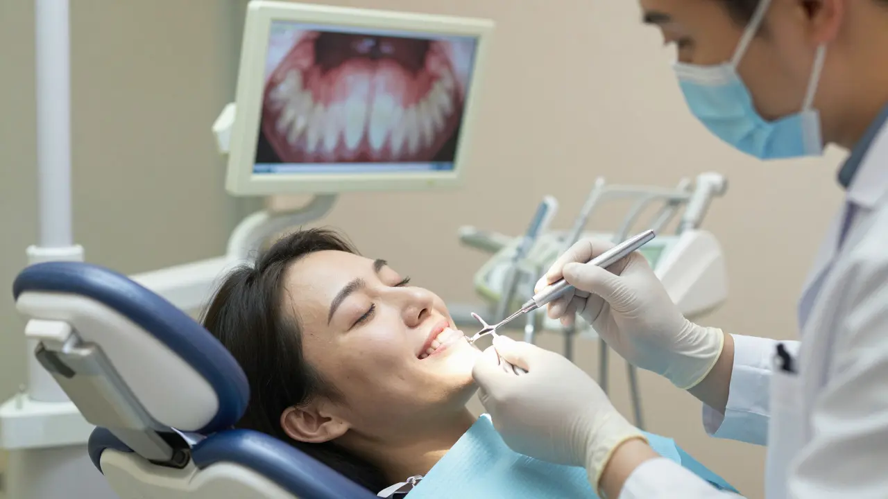 Zubní lékař odstraňuje kámen pod dásní v klidné, profesionální atmosféře.