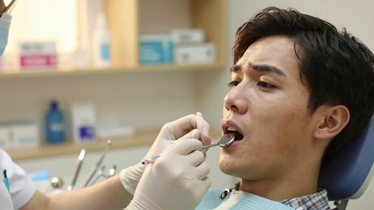 Zubní lékař prohlíží pacientovi ústa, ten drží použité bělicí pásky.