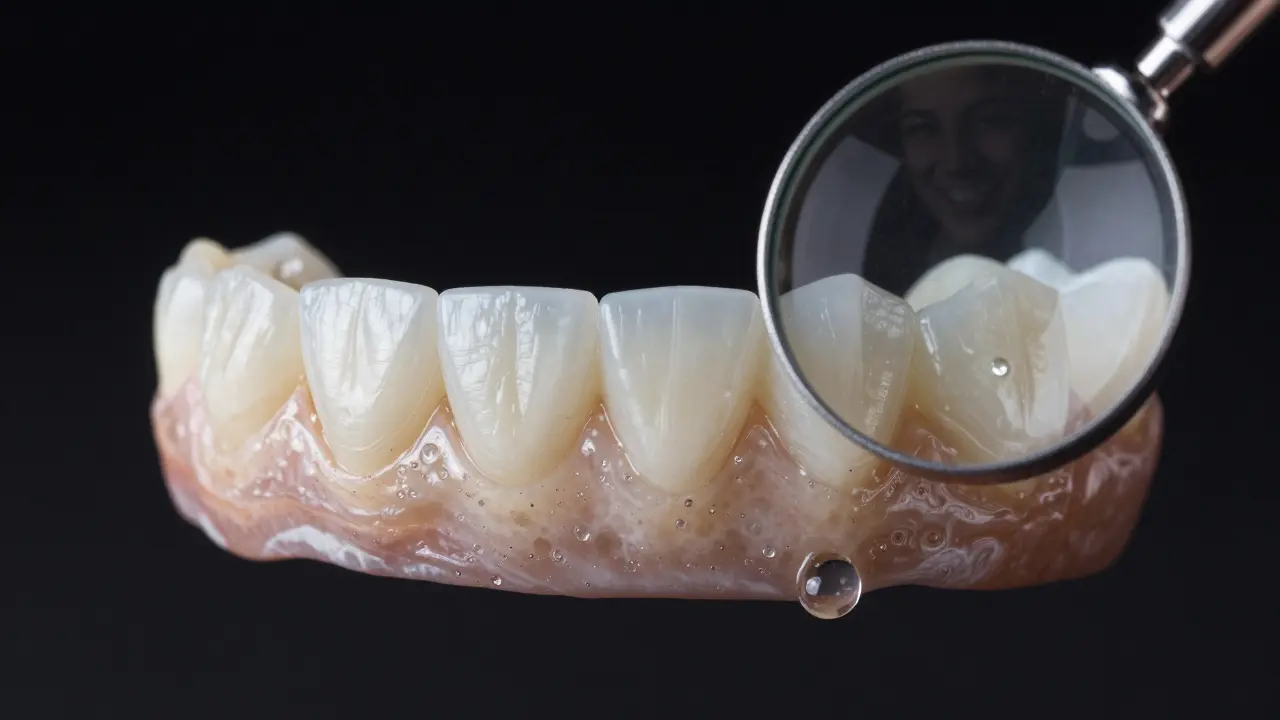 Zvětšený pohled na keramickou fazetu, ukazující její mikrostrukturu a přirozený lesk, který kopíruje lidskou sklovinu.