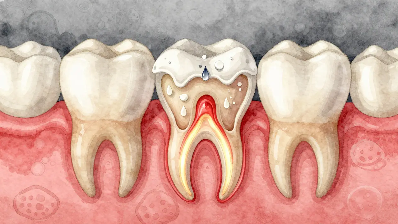 Zvětšený pohled na odhalené zubní důlky a nervy pod opotřebovanou sklovinkou.