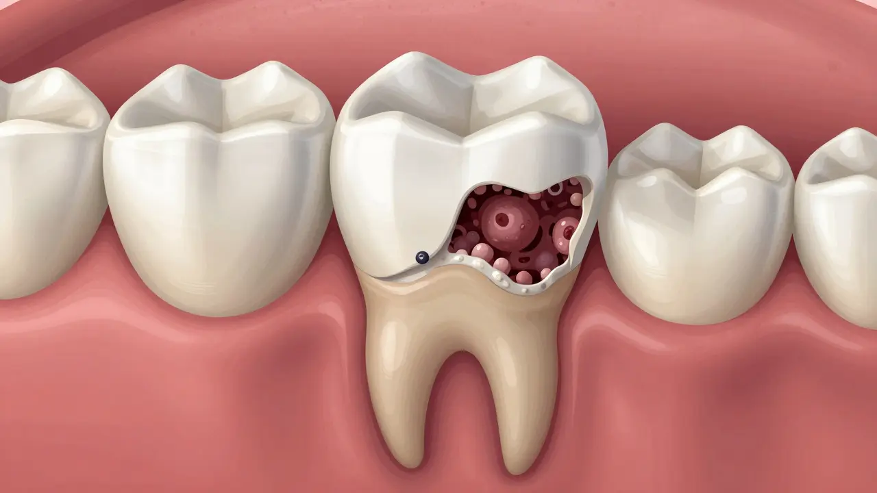 Zvětšený pohled na odlepující se fazetu s plakem a bakteriemi pod ní.